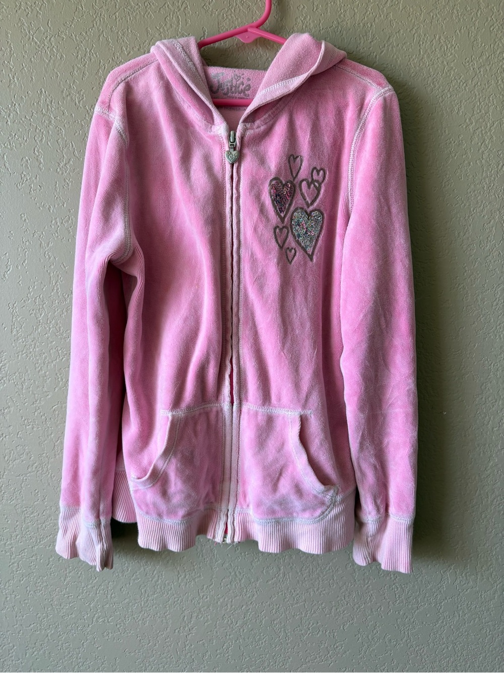 Justice Girls Size 10 Pink Hoodie Full Zip Velour Pink Sparkle Hearts Y2K